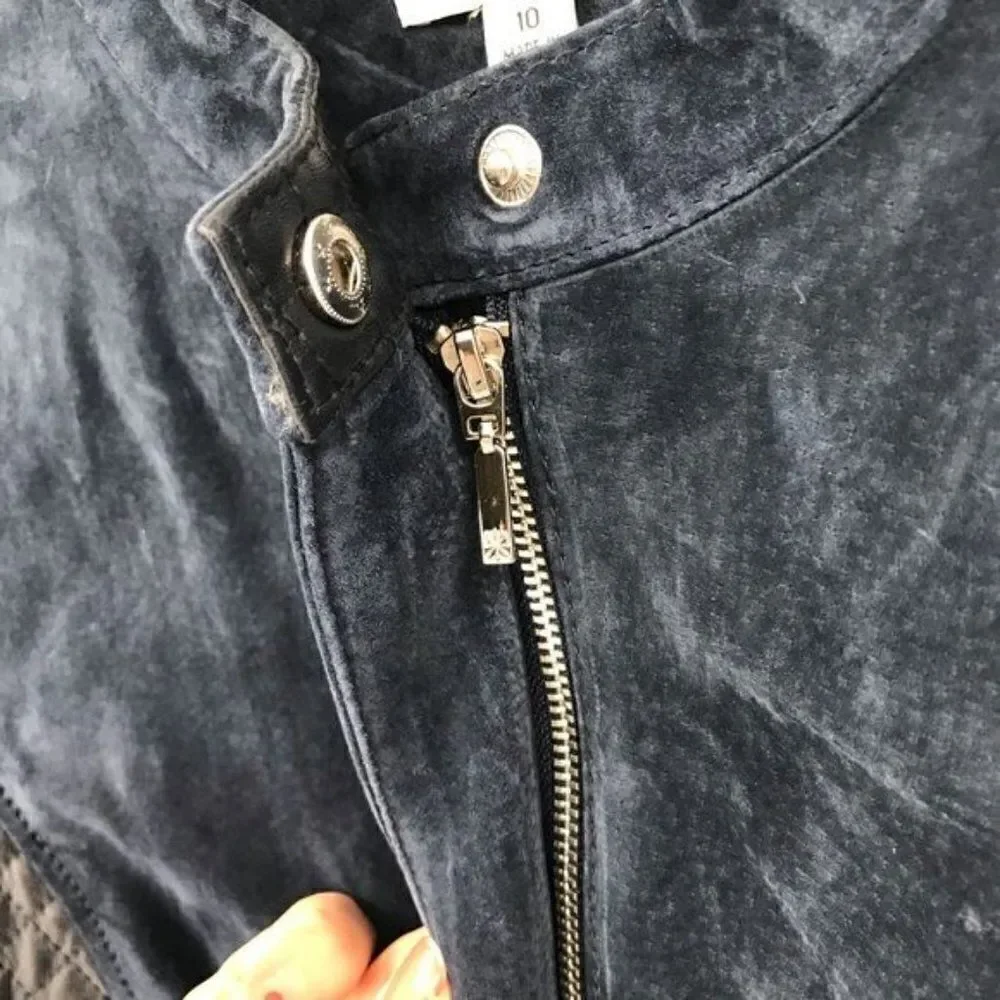 Isaac Mizrahi Live navy long sleeves leather jacket zipper closure women size 10